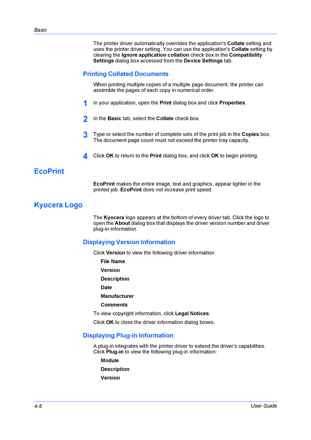 Kyocera FS-6970DN manual EcoPrint, Kyocera Logo, Printing Collated Documents, Displaying Version Information 