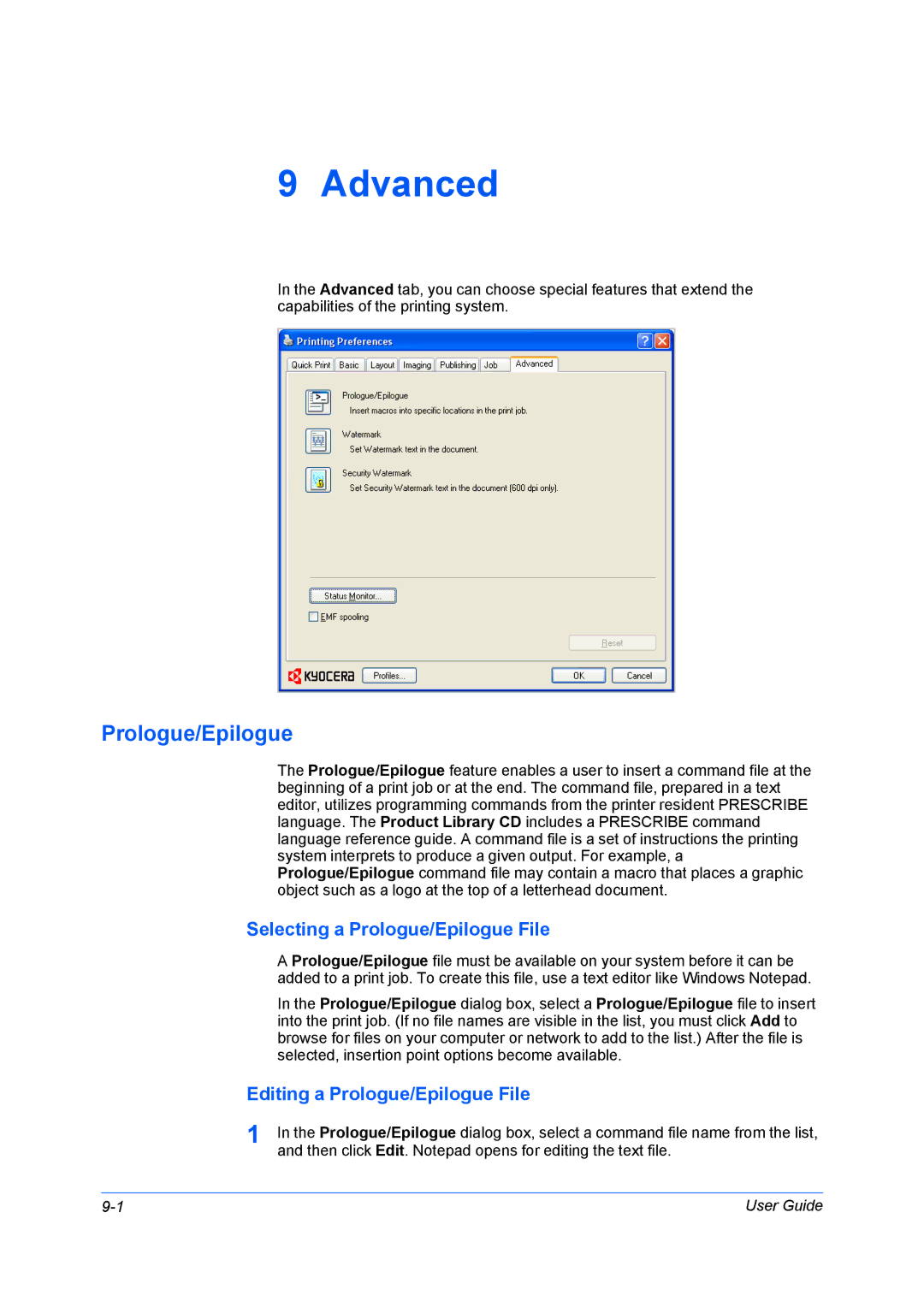 Kyocera FS-6970DN manual Advanced, Selecting a Prologue/Epilogue File, Editing a Prologue/Epilogue File 