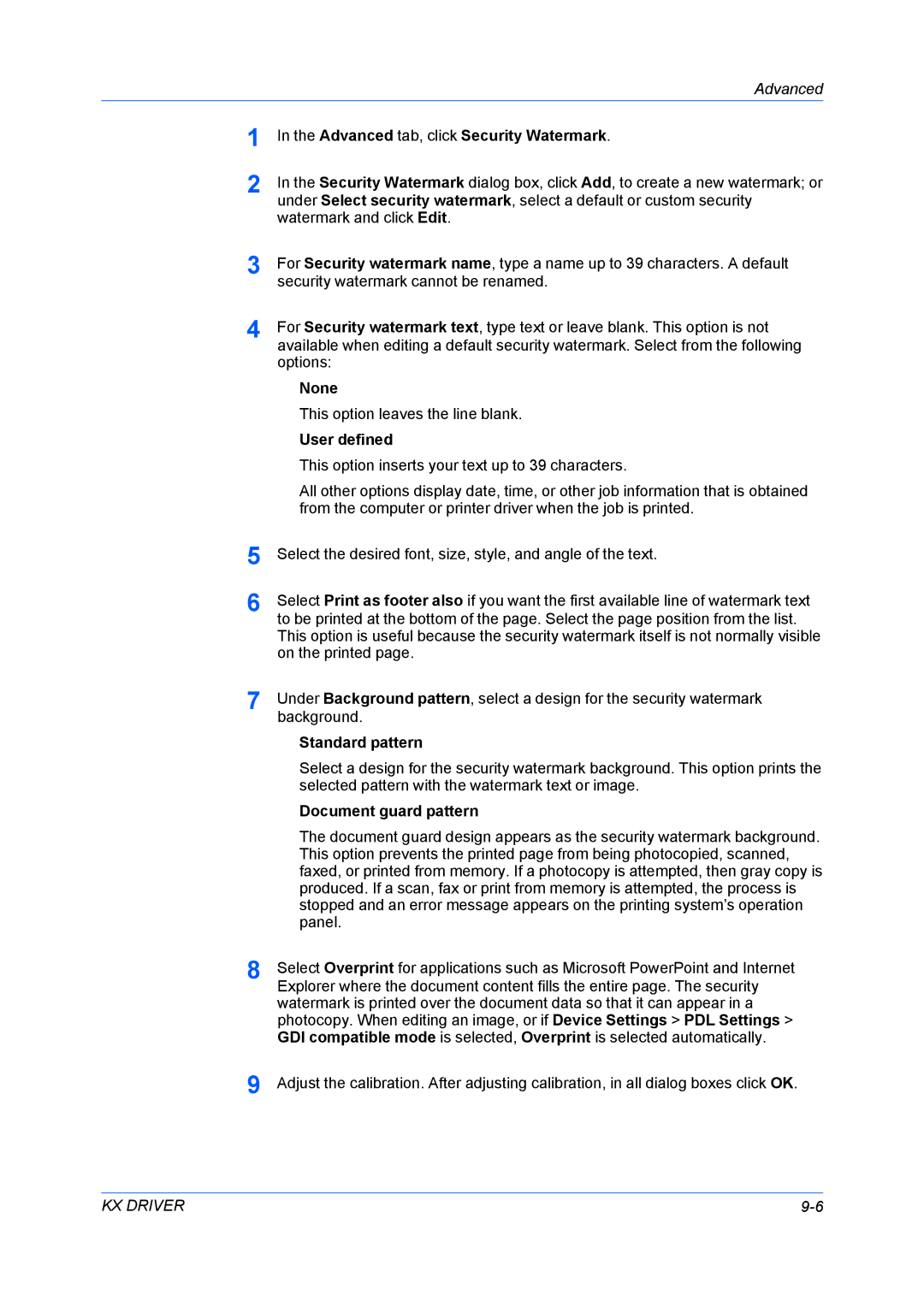 Kyocera FS-6970DN manual Advanced tab, click Security Watermark, None, Standard pattern, Document guard pattern 