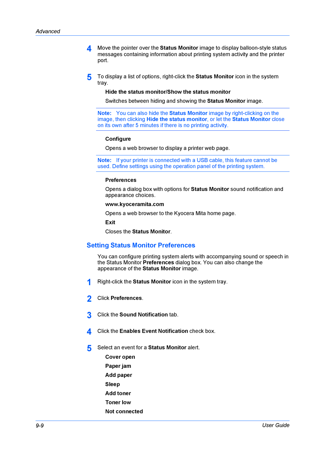 Kyocera FS-6970DN manual Setting Status Monitor Preferences, Hide the status monitor/Show the status monitor, Configure 