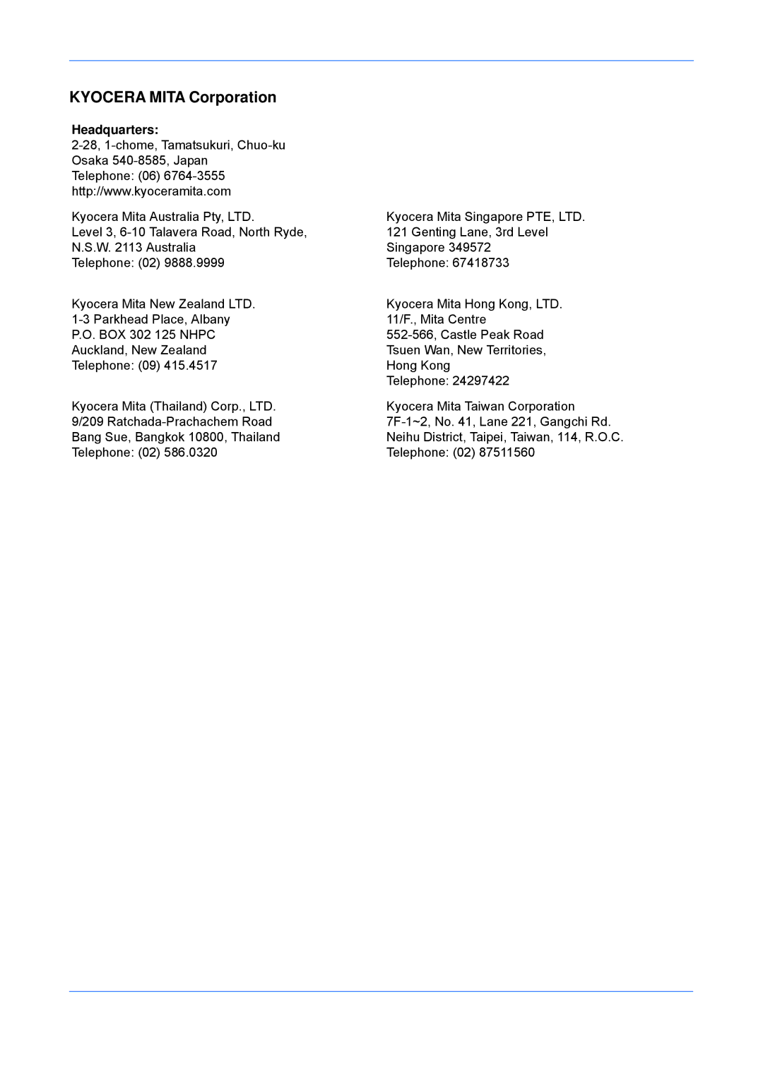 Kyocera FS-6970DN manual Kyocera Mita Corporation, Headquarters 
