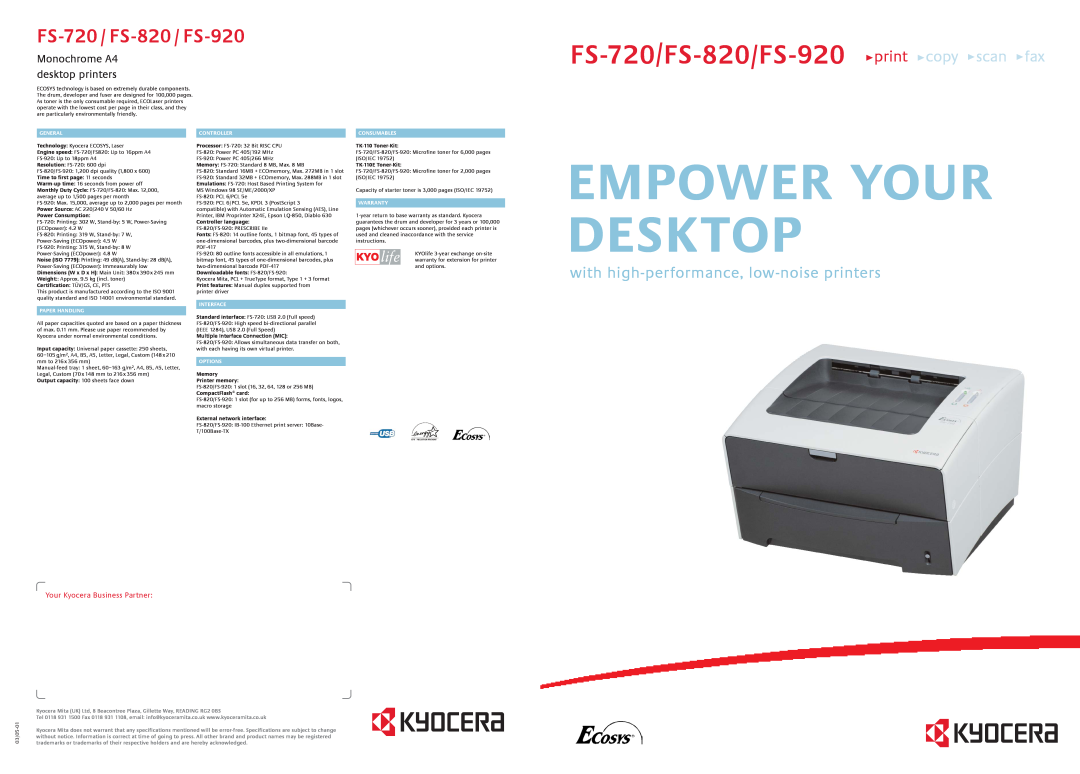 Kyocera specifications Empower Your Desktop, FS-720/FS-820/FS-920 print copy scan fax, FS-720 / FS-820 / FS-920 