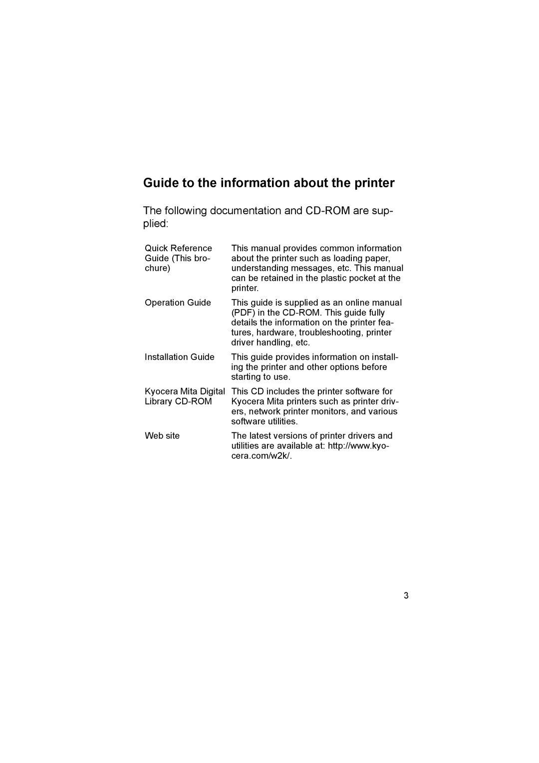 Kyocera FS-8000CN, FS-8000CD Guide to the information about the printer, Following documentation and CD-ROM are sup- plied 