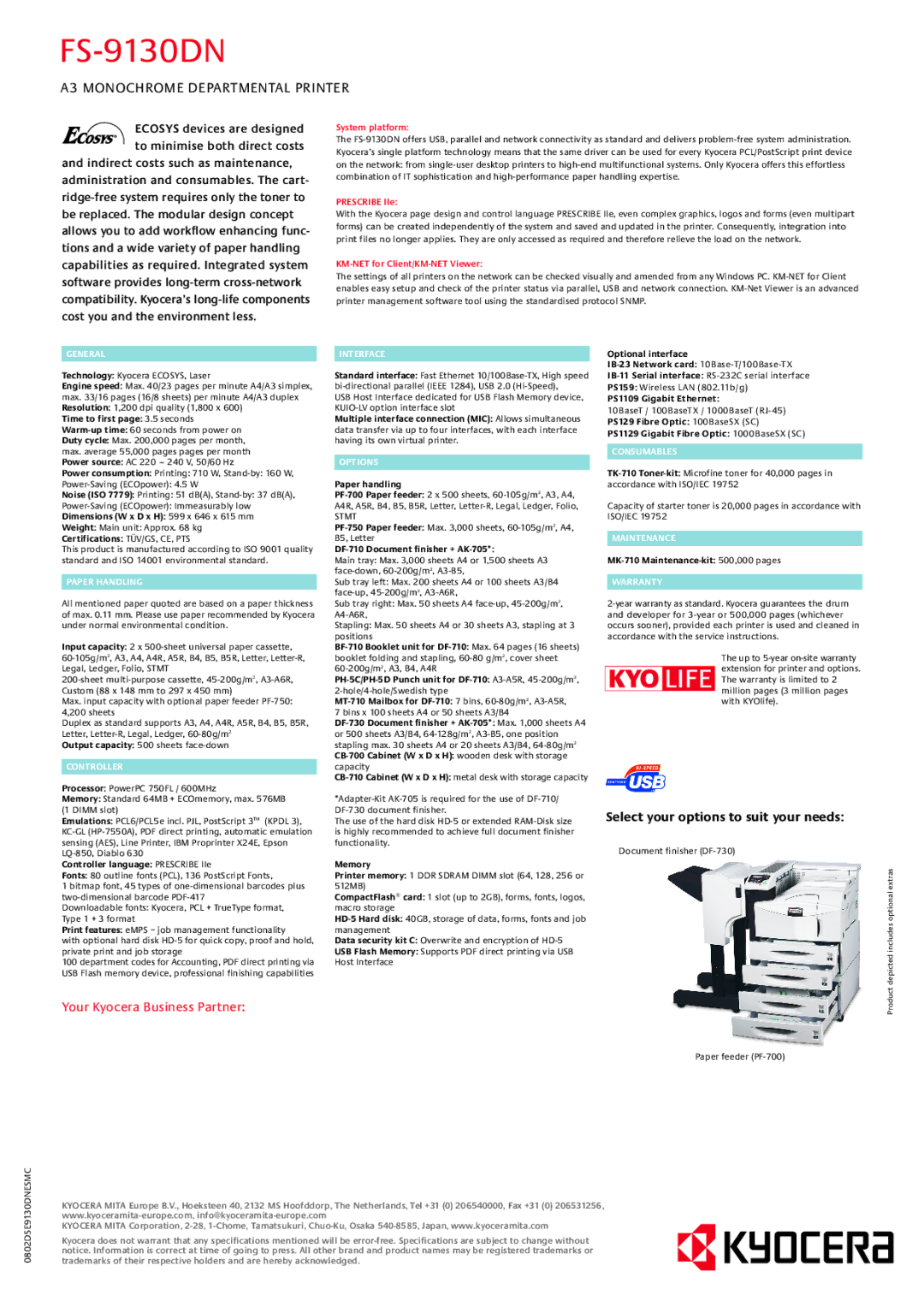 Kyocera FS-9130DN manual General, Paper Handling, Controller, Interface, Options, Consumables, Maintenance, Warranty 