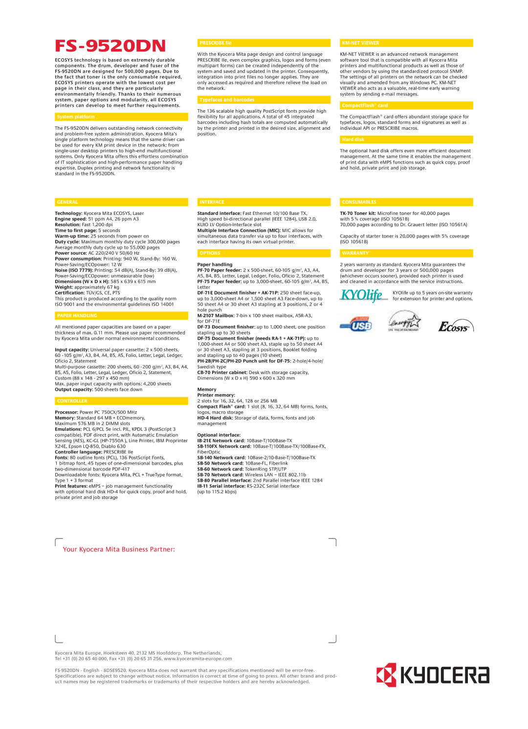 Kyocera FS-9520DN manual KM-NET Viewer, General, Paper Handling, Controller, Interface, Options, Consumables, Warranty 