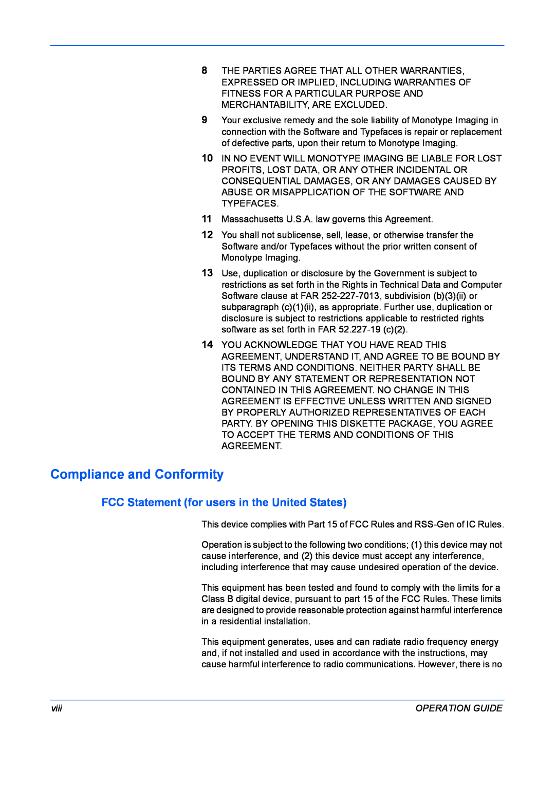 Kyocera FS-9530DN manual Compliance and Conformity, FCC Statement for users in the United States, viii, Operation Guide 