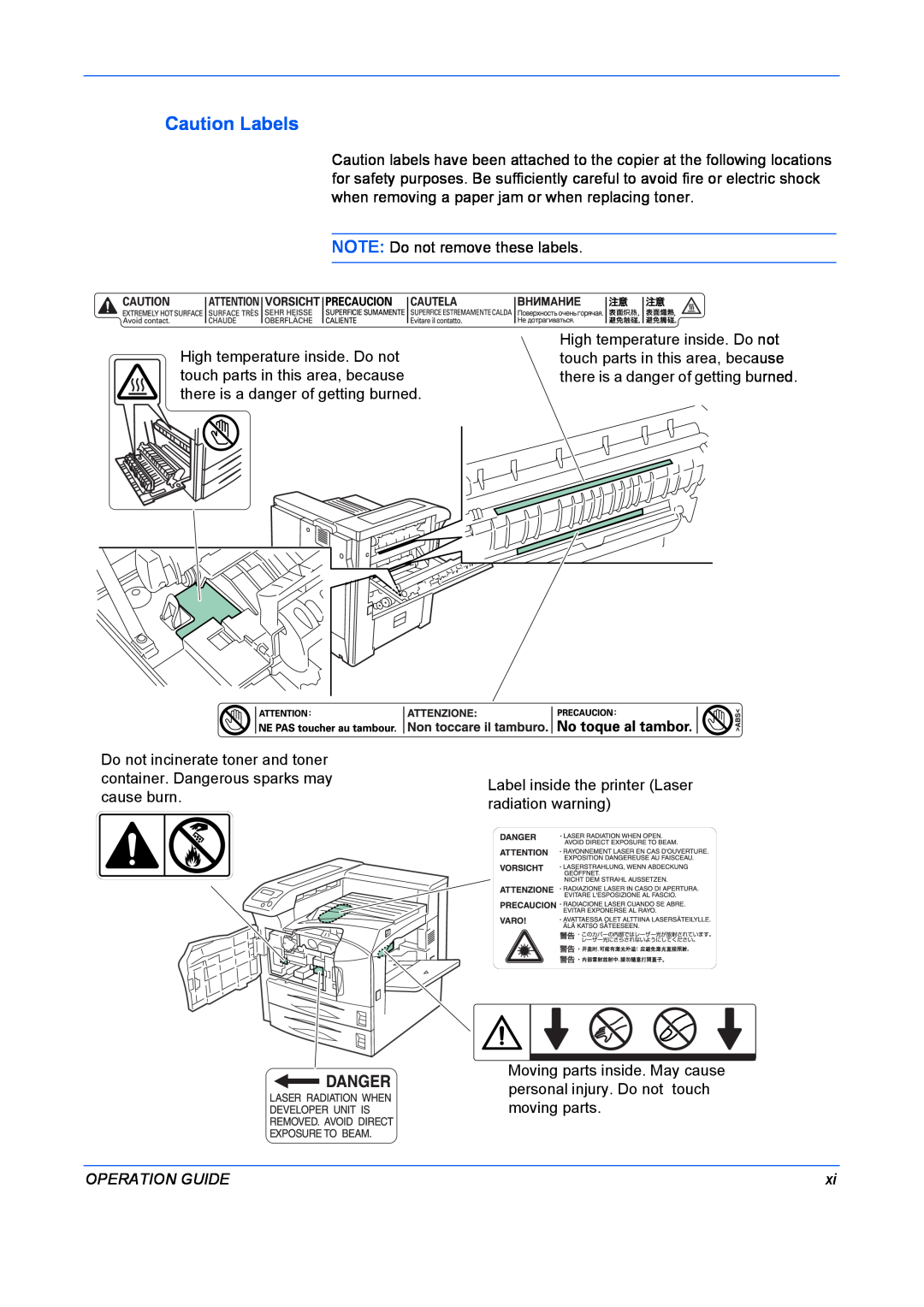 Kyocera FS-9130DN, FS-9530DN manual Caution Labels, Operation Guide 