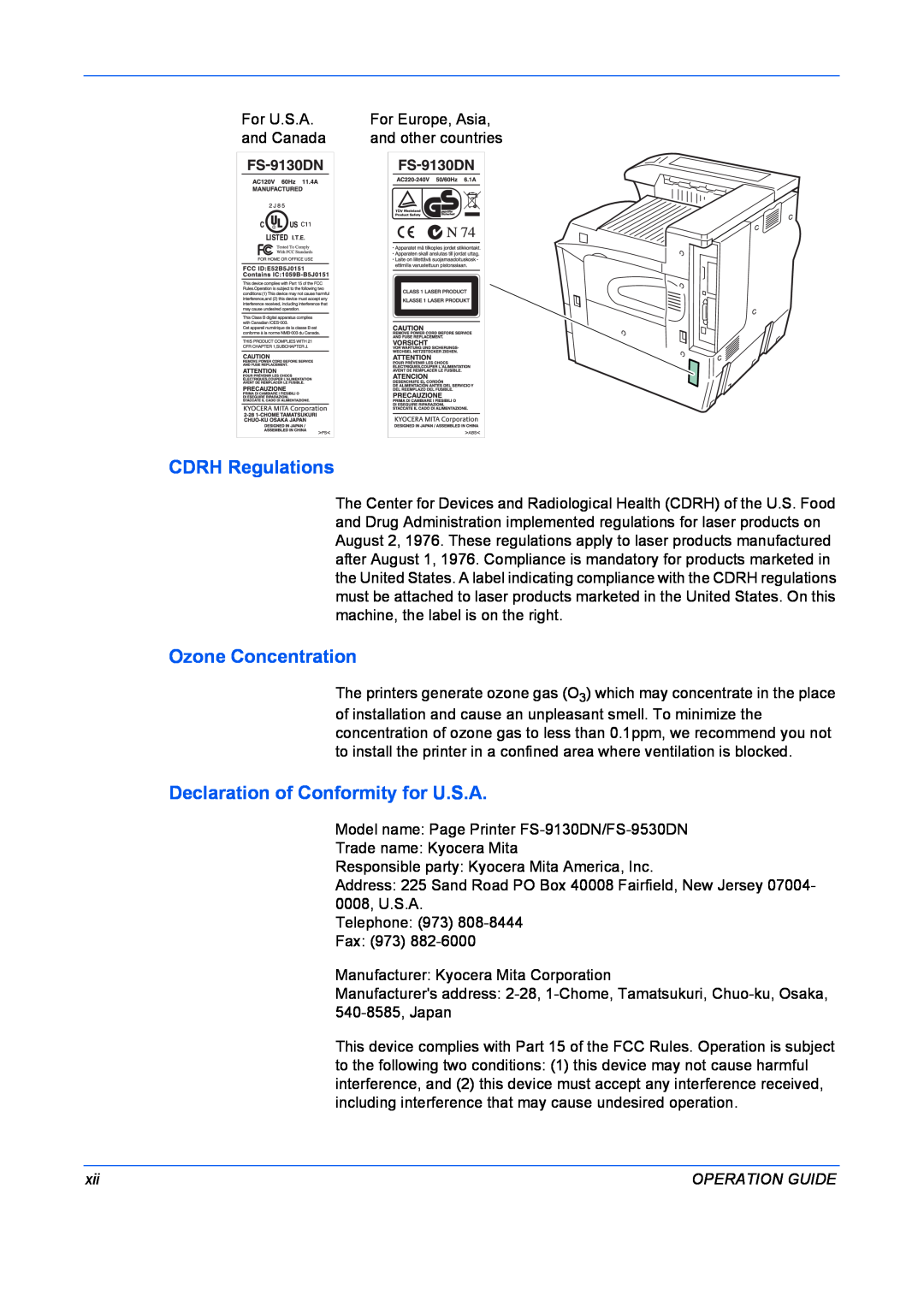 Kyocera FS-9530DN, FS-9130DN CDRH Regulations, Ozone Concentration, Declaration of Conformity for U.S.A, Operation Guide 