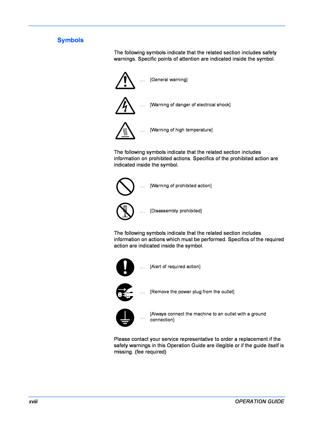 Kyocera FS-9530DN, FS-9130DN manual Symbols, xviii, Operation Guide, General warning Warning of danger of electrical shock 