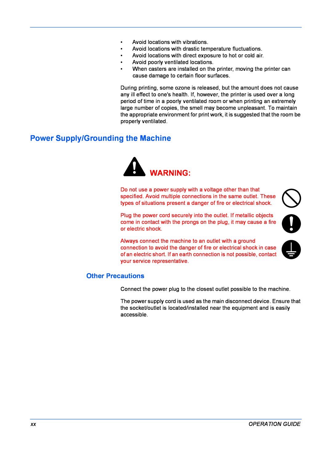 Kyocera FS-9530DN, FS-9130DN manual Power Supply/Grounding the Machine, Other Precautions, Operation Guide 