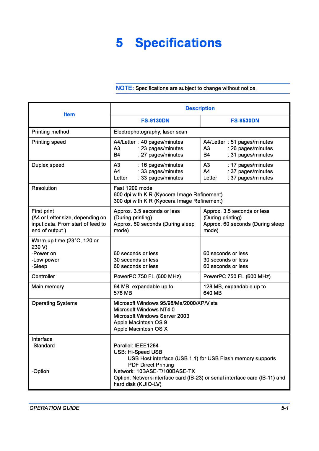 Kyocera FS-9130DN manual Specifications, Description, FS-9530DN, Operation Guide 