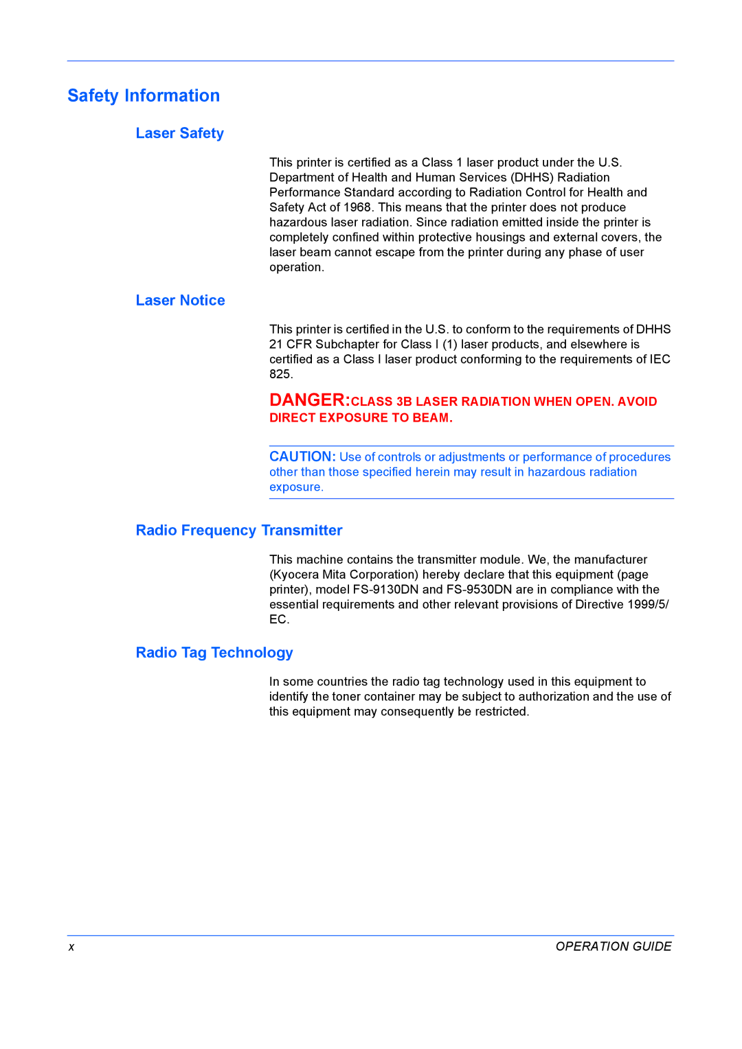 Kyocera FS-9530DN manual Safety Information, Laser Safety, Laser Notice, Radio Frequency Transmitter, Radio Tag Technology 