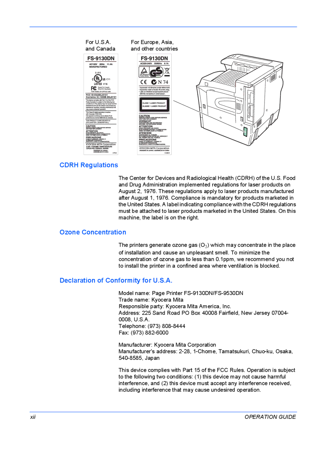 Kyocera FS-9530DN, FS-9130DN manual Cdrh Regulations, Ozone Concentration, Declaration of Conformity for U.S.A 