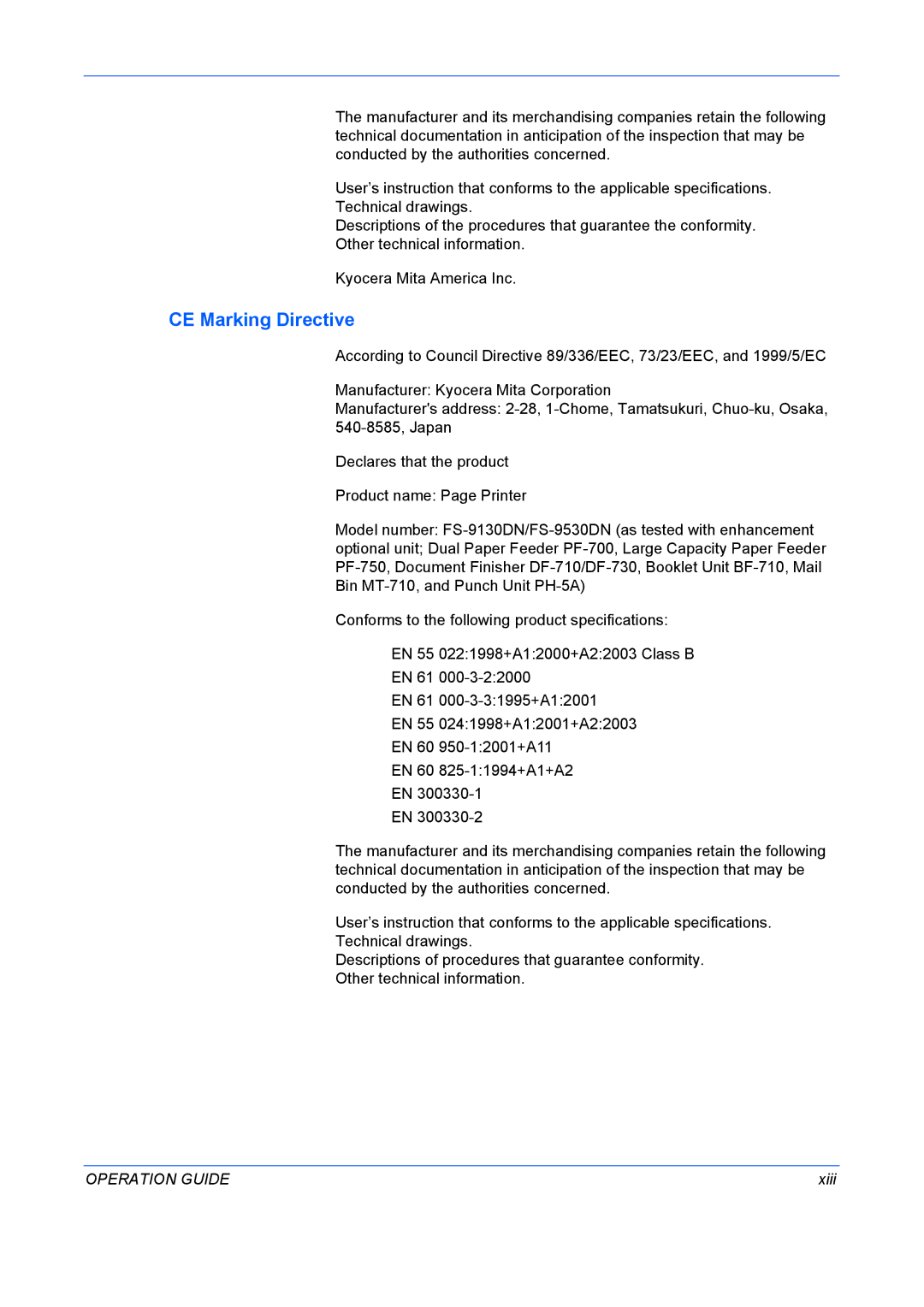 Kyocera FS-9130DN, FS-9530DN manual CE Marking Directive 