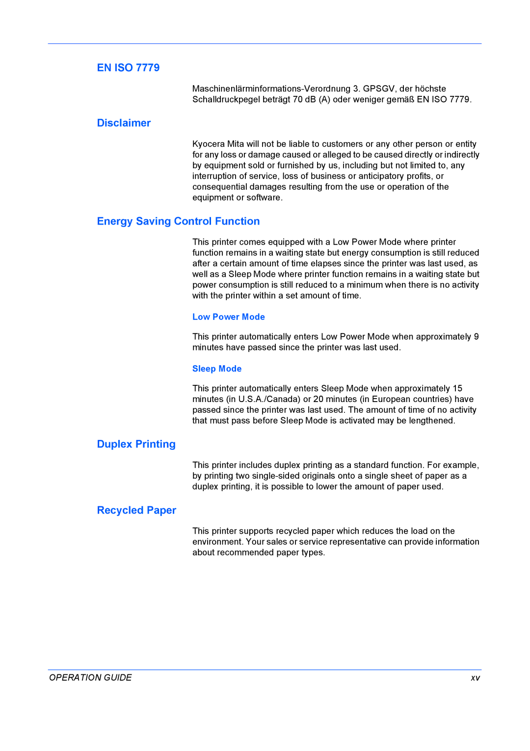 Kyocera FS-9130DN, FS-9530DN manual En Iso, Disclaimer, Energy Saving Control Function, Duplex Printing, Recycled Paper 