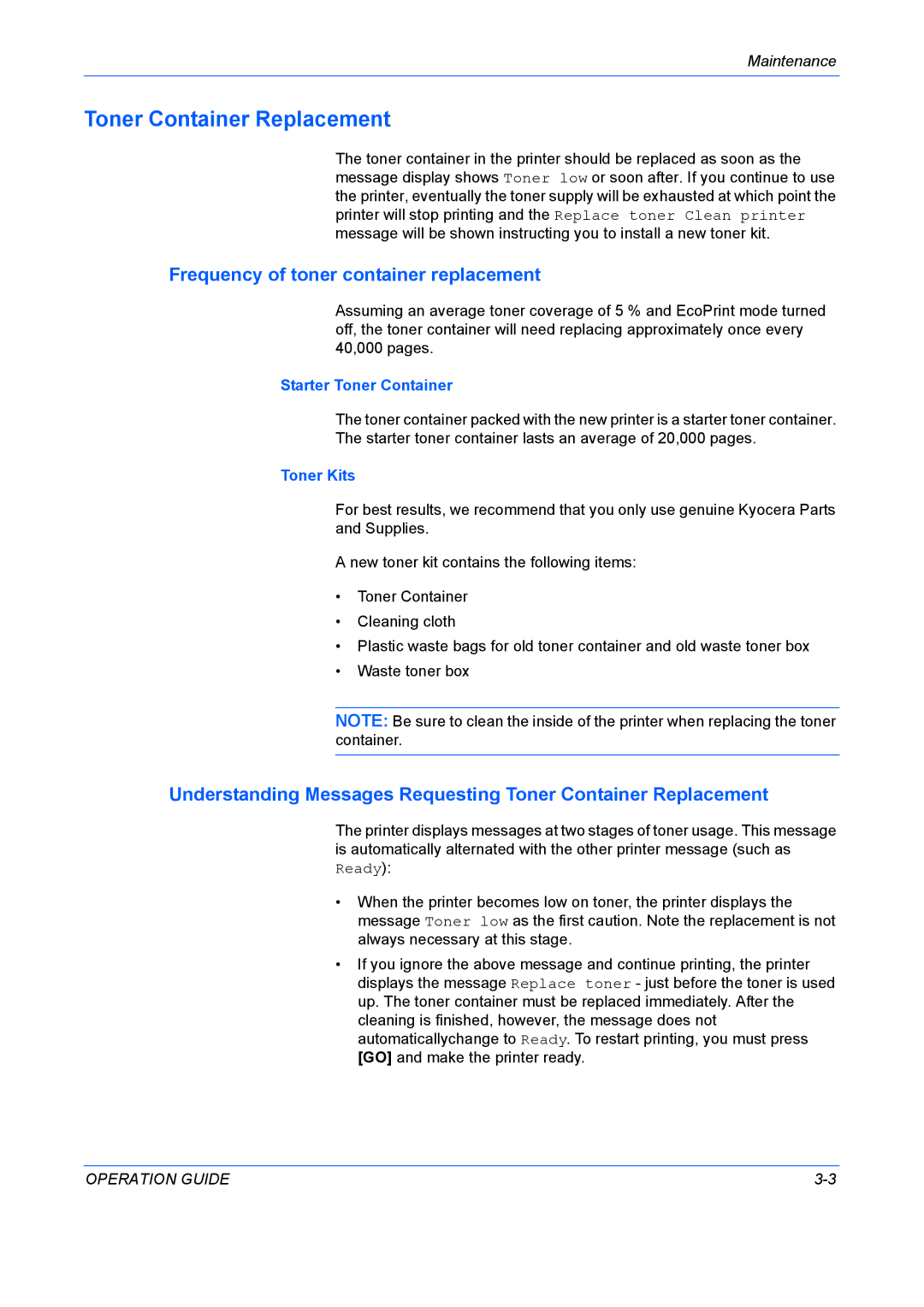 Kyocera FS-9130DN manual Toner Container Replacement, Frequency of toner container replacement, Starter Toner Container 