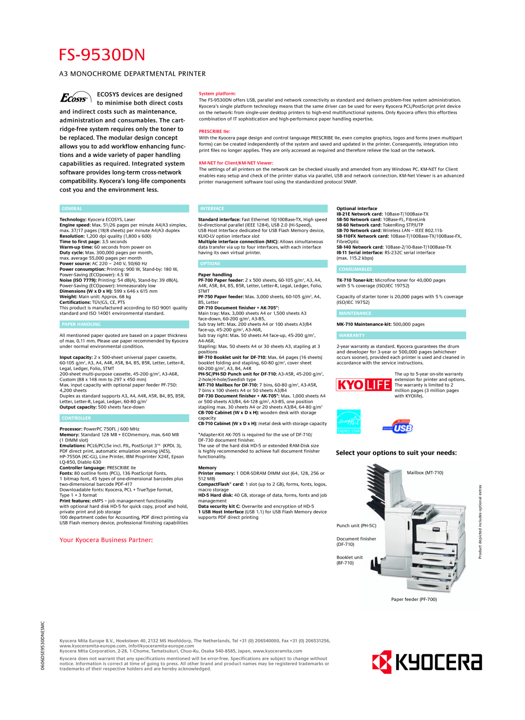 Kyocera FS-9530DN manual A3 MONOCHROME DEPARTMENTAL PRINTER, Your Kyocera Business Partner, System platform, PRESCRIBE IIe 