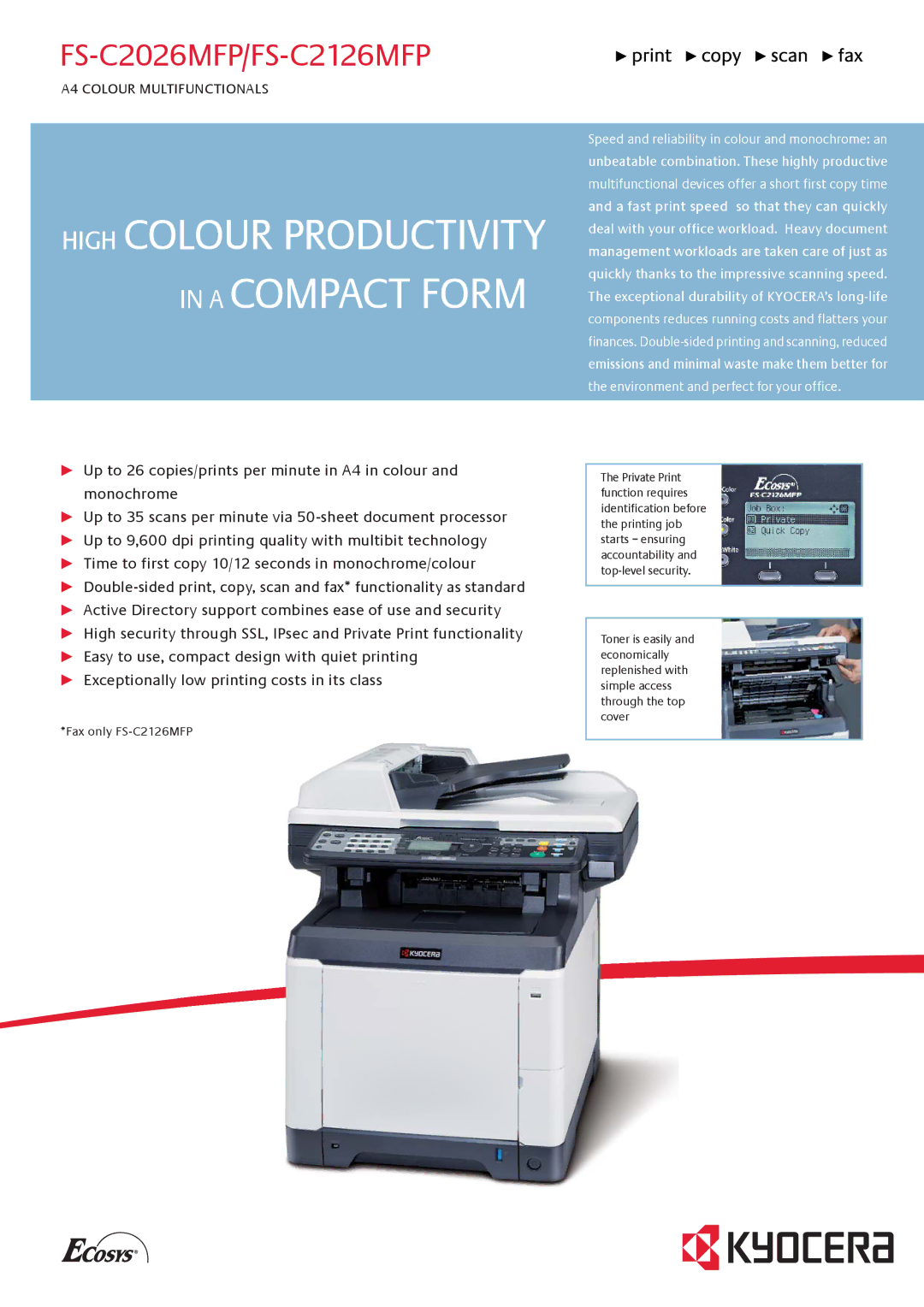 Kyocera FS-C2026MFP, FS-C2126MFP manual High Colour Productivity in a Compact Form 