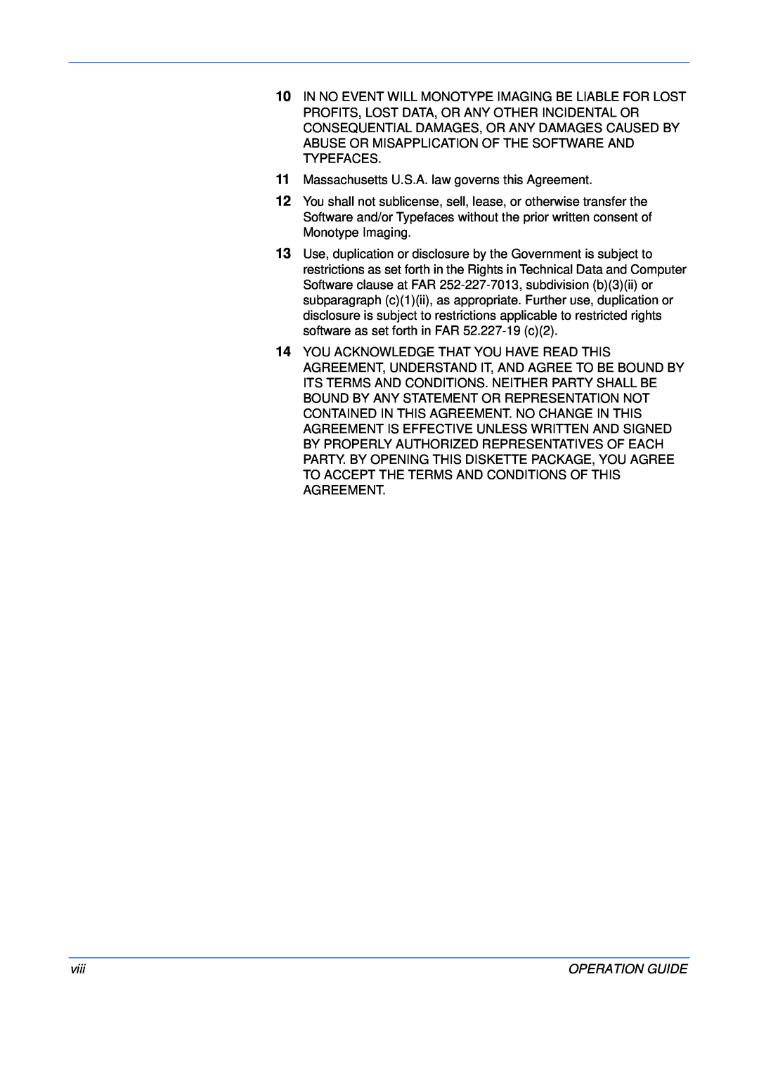 Kyocera FS-C5015N, FS-C5025N manual 11Massachusetts U.S.A. law governs this Agreement, viii, Operation Guide 