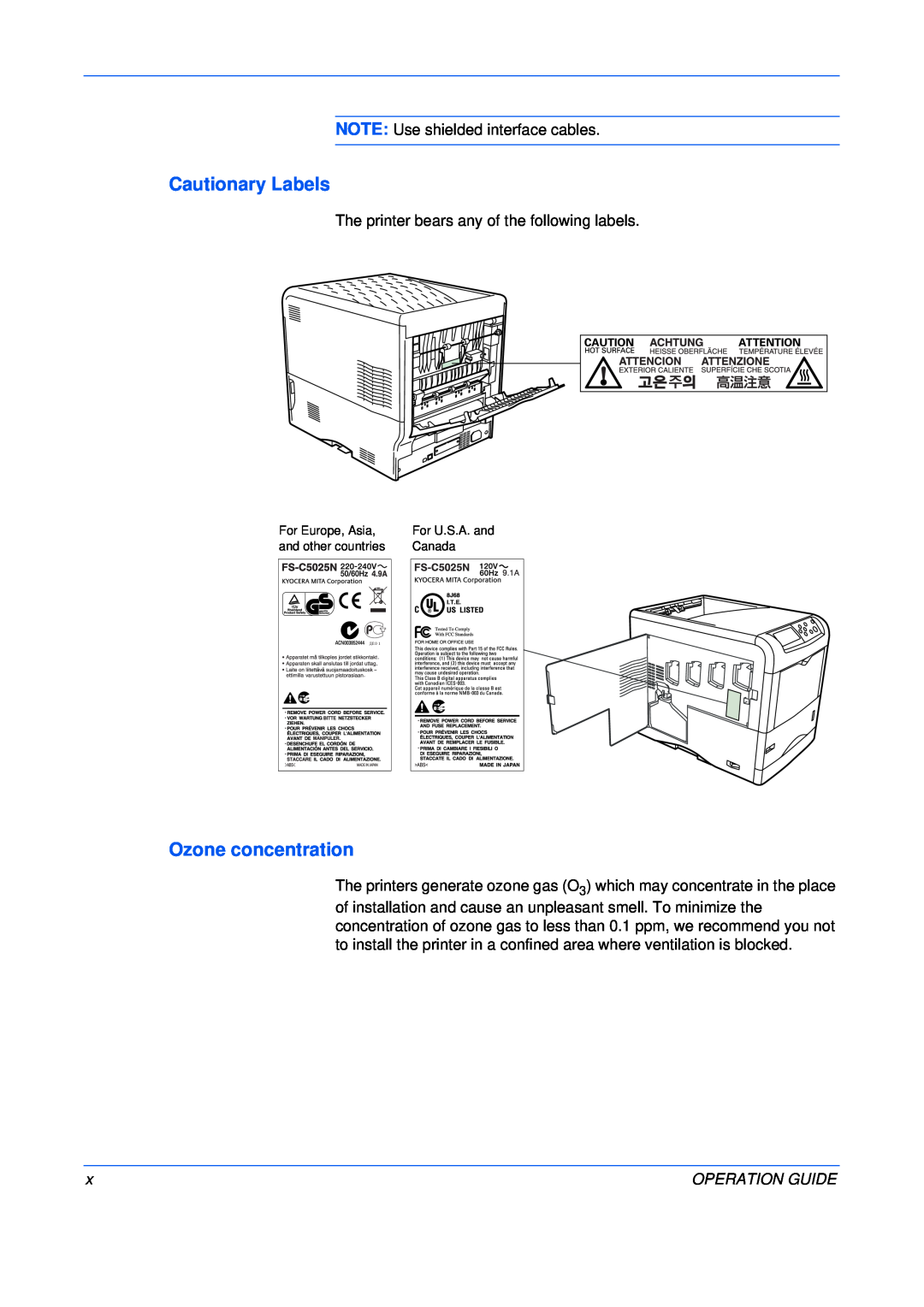 Kyocera FS-C5015N, FS-C5025N manual Cautionary Labels, Ozone concentration, Operation Guide 