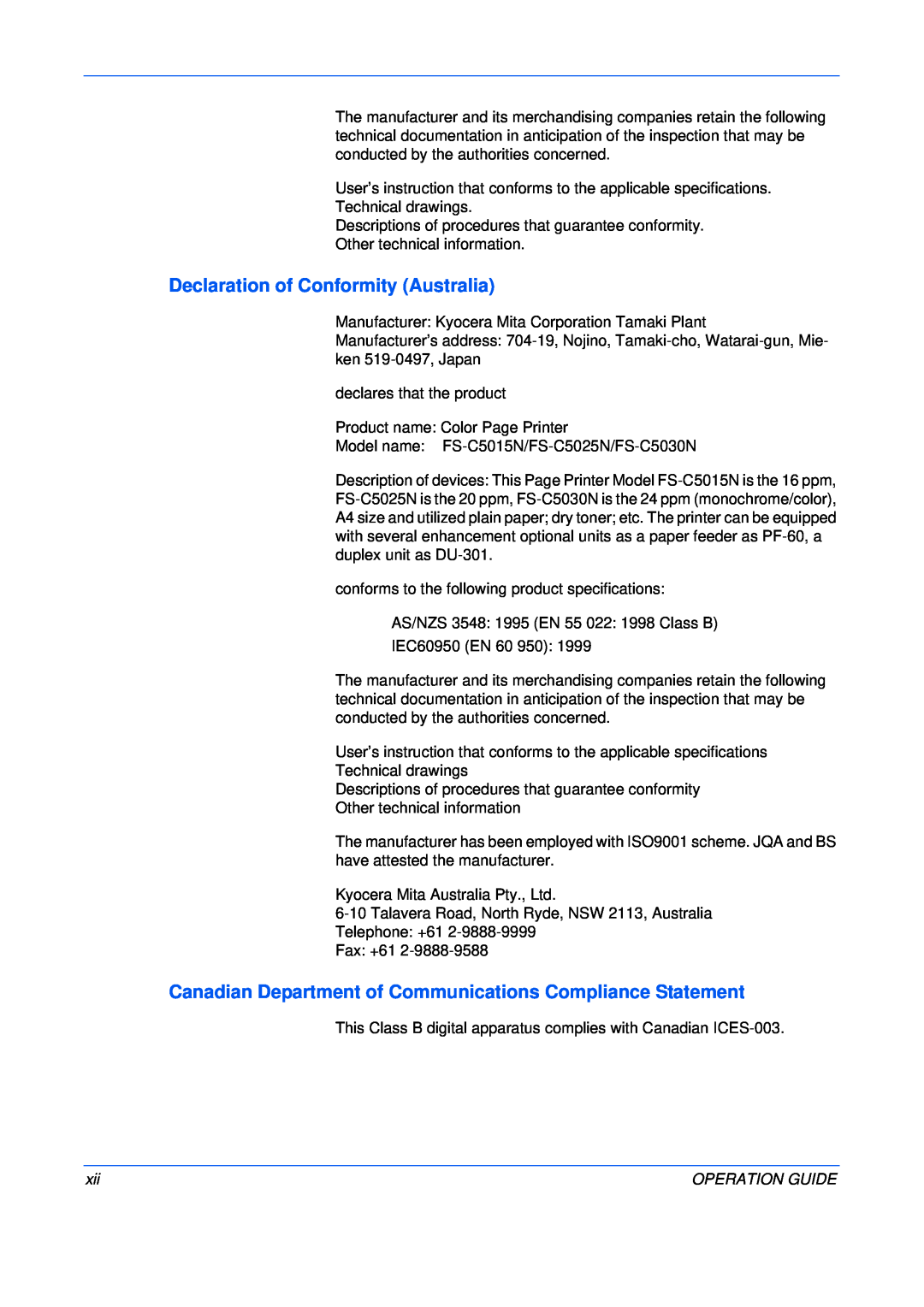 Kyocera FS-C5015N, FS-C5025N manual Declaration of Conformity Australia, Operation Guide 