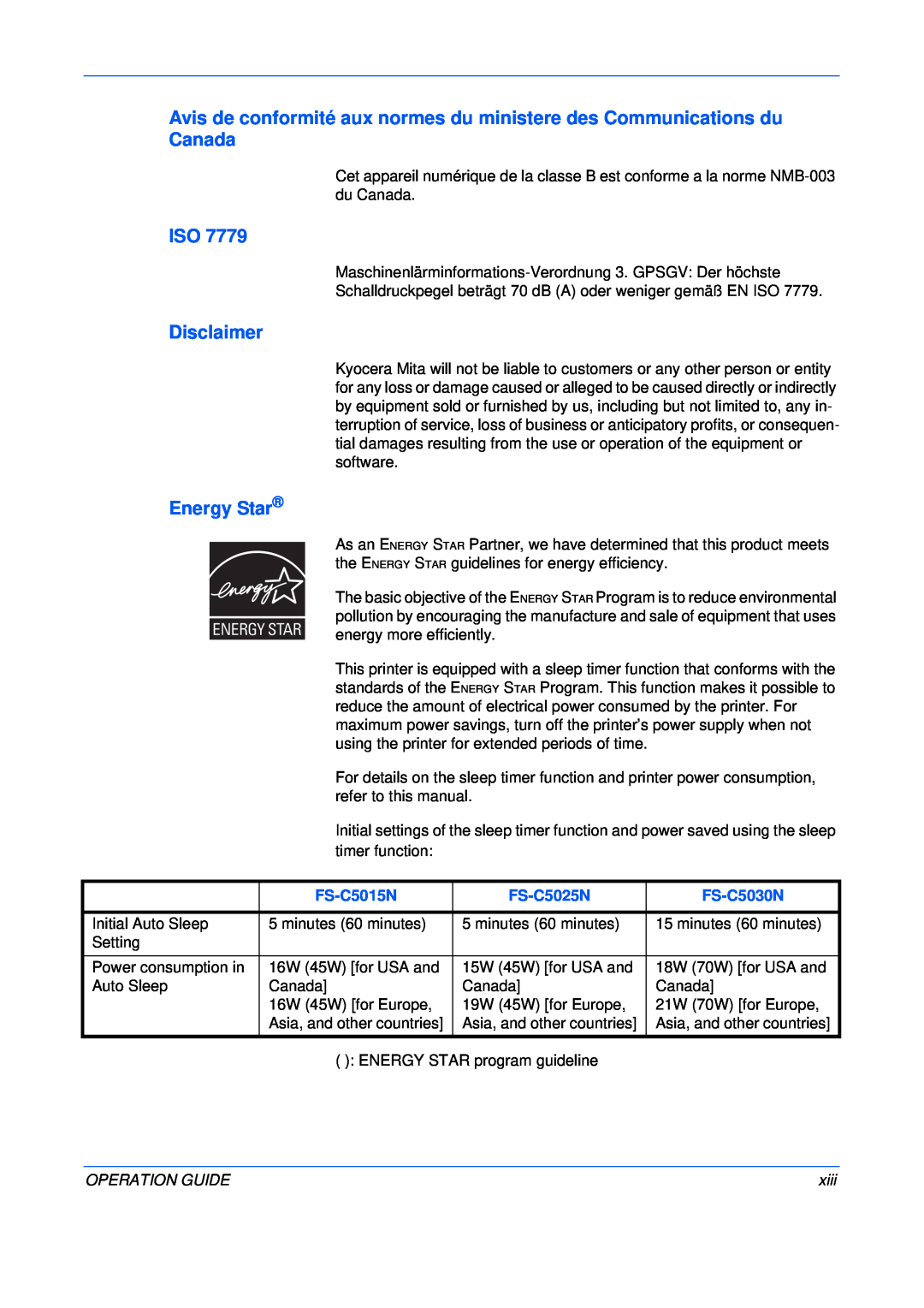 Kyocera FS-C5025N manual Disclaimer, Energy Star, FS-C5015N, FS-C5030N, Operation Guide, xiii 