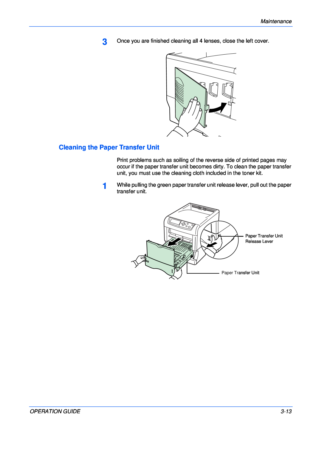 Kyocera FS-C5025N, FS-C5015N manual Cleaning the Paper Transfer Unit, Maintenance, Operation Guide, 3-13 