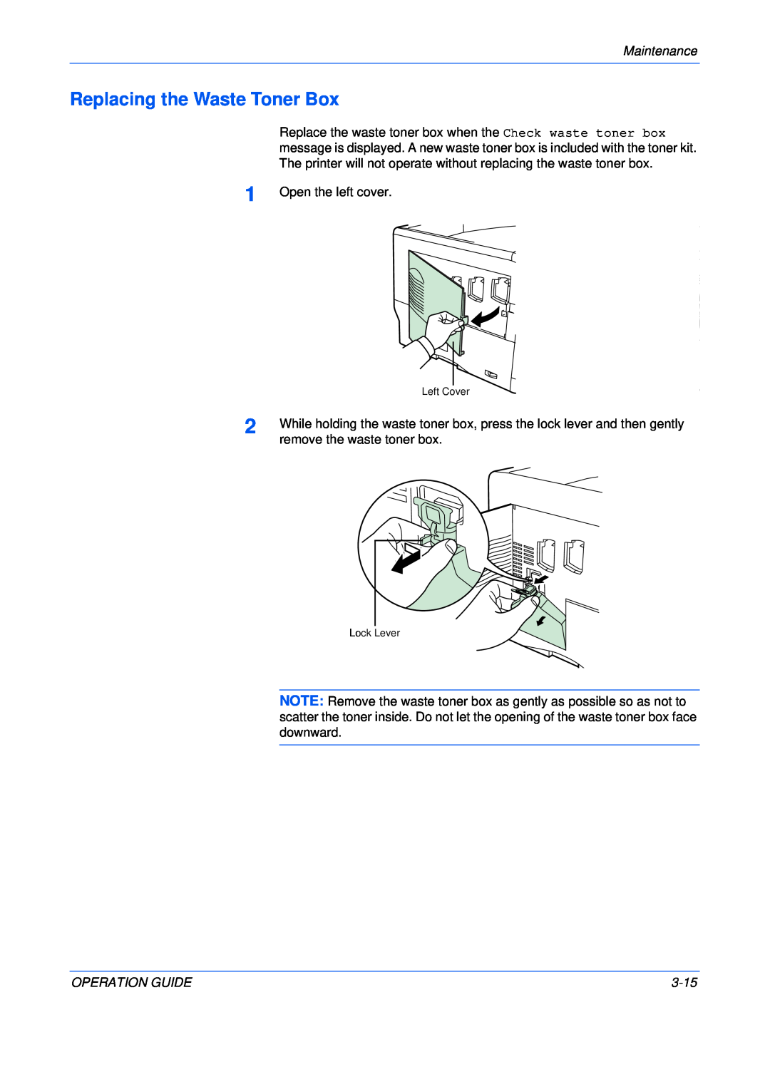 Kyocera FS-C5025N, FS-C5015N manual Replacing the Waste Toner Box, Maintenance, Operation Guide, 3-15 