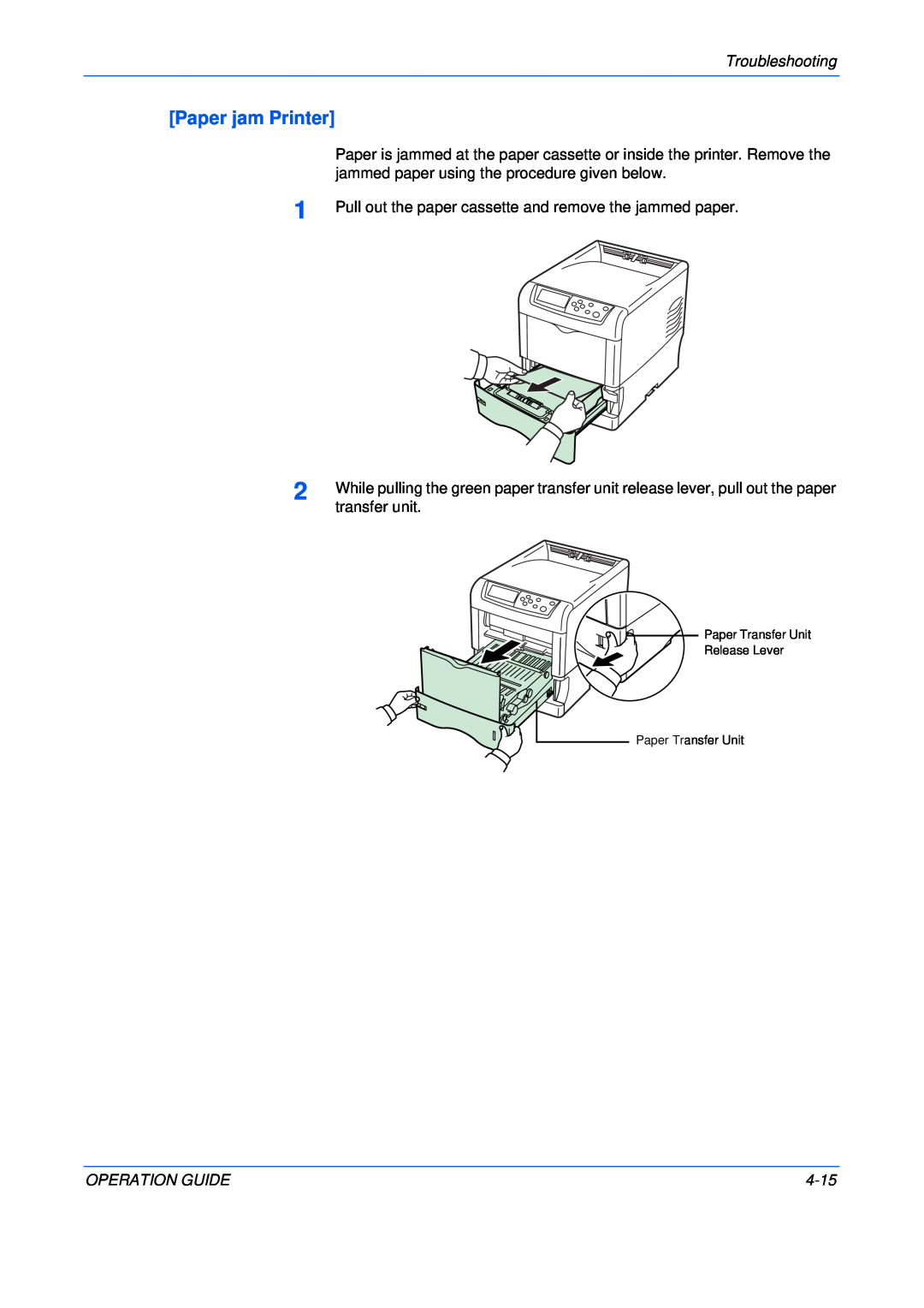 Kyocera FS-C5025N, FS-C5015N manual Paper jam Printer, Troubleshooting, Operation Guide, 4-15 