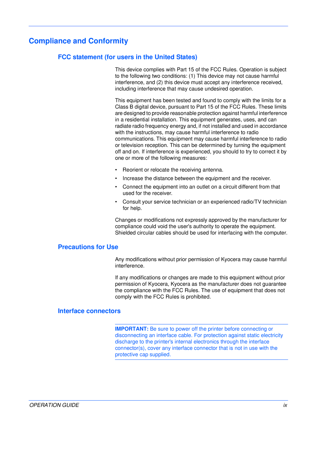 Kyocera FS-C5025N, FS-C5015N Compliance and Conformity, FCC statement for users in the United States, Precautions for Use 