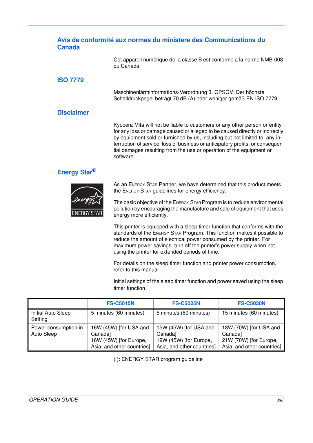 Kyocera manual Iso, Disclaimer, Energy Star, FS-C5015N FS-C5025N FS-C5030N, Xiii 