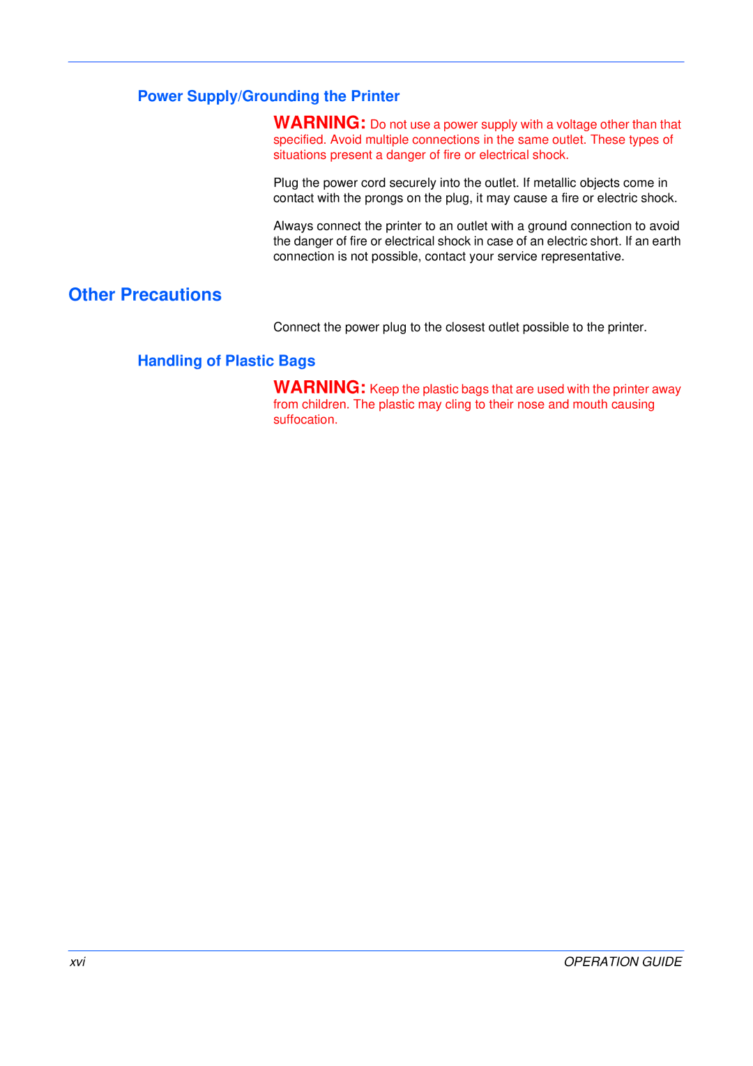 Kyocera FS-C5015N, FS-C5025N manual Other Precautions, Power Supply/Grounding the Printer, Handling of Plastic Bags, Xvi 