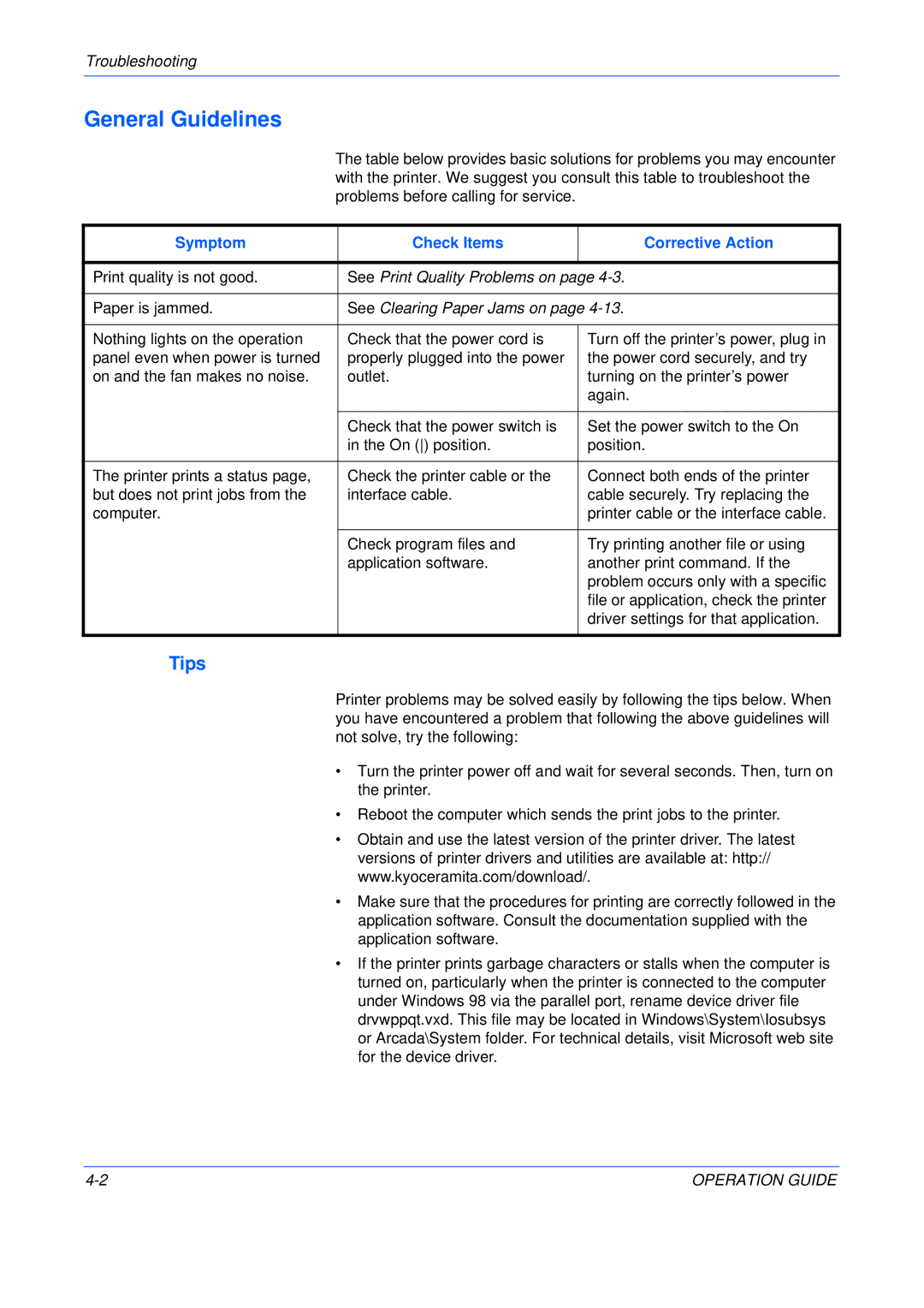 Kyocera FS-C5015N manual General Guidelines, Tips, Symptom Check Items Corrective Action, See Print Quality Problems on 