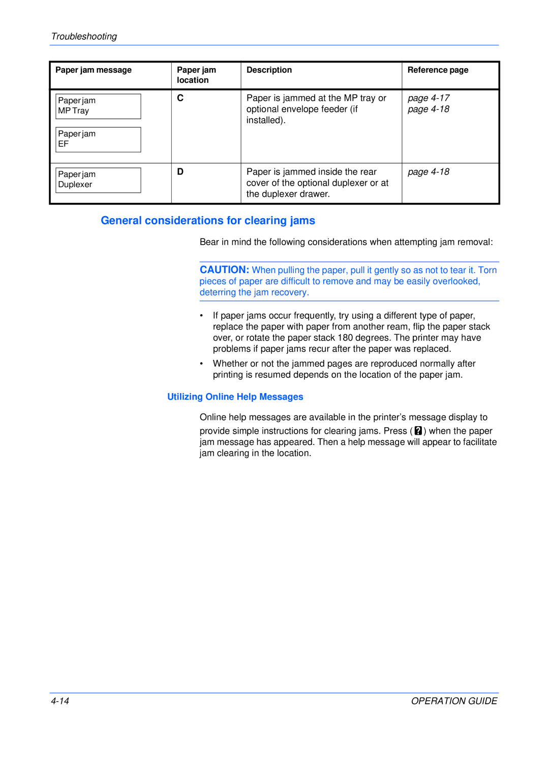 Kyocera FS-C5015N, FS-C5025N manual General considerations for clearing jams, Utilizing Online Help Messages 