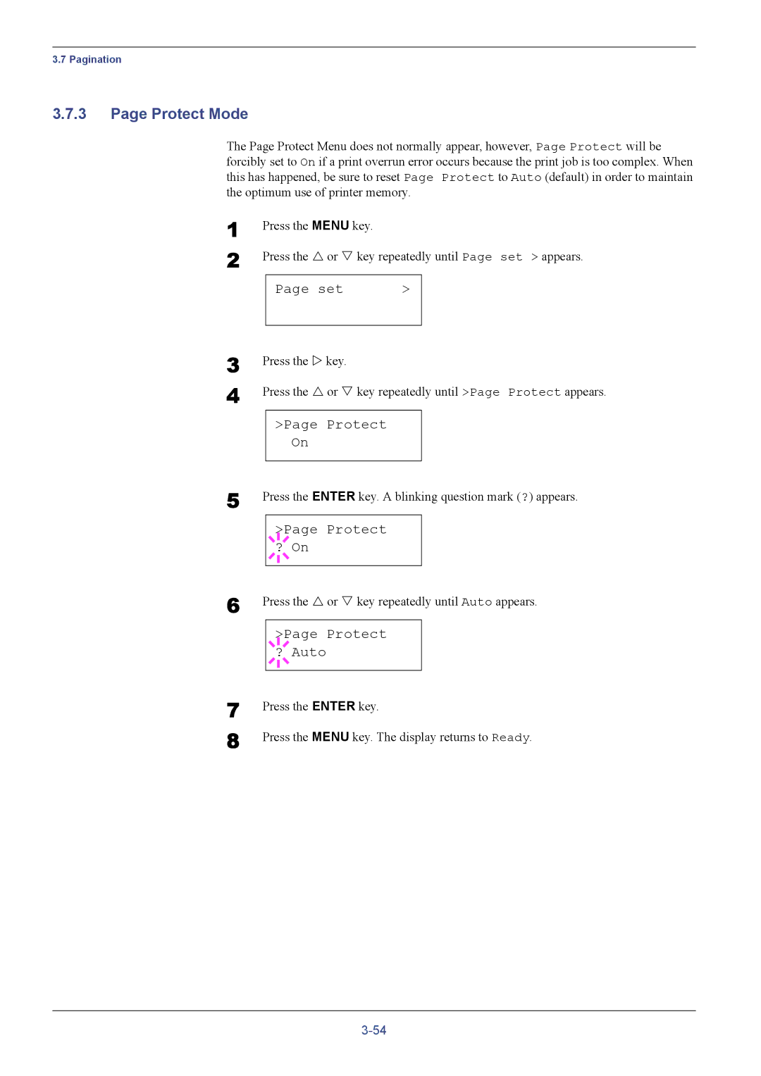 Kyocera FS-C5016N manual Protect Mode, Protect ? On, Protect ? Auto, Press the U or V key repeatedly until Auto appears 