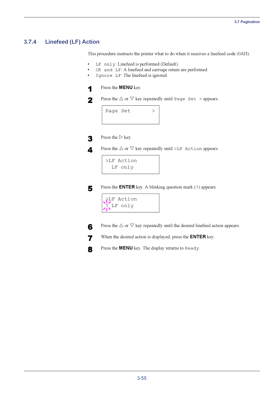 Kyocera FS-C5016N manual Linefeed LF Action, LF Action LF only, LF Action ? LF only 