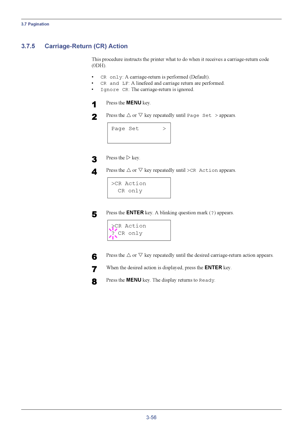 Kyocera FS-C5016N manual Carriage-Return CR Action, CR Action CR only, CR Action ? CR only 