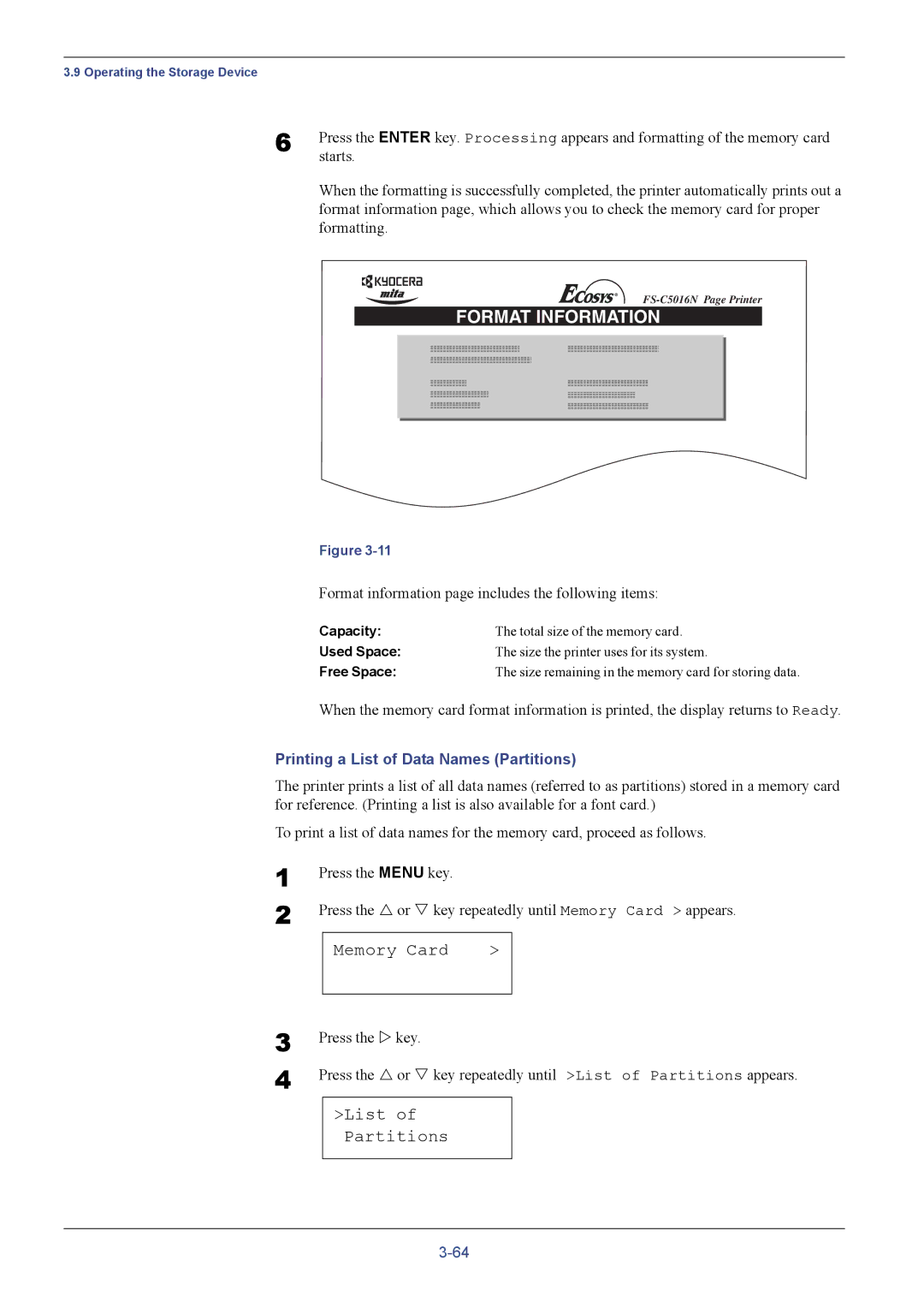 Kyocera FS-C5016N manual List of Partitions, Starts, Format information page includes the following items 