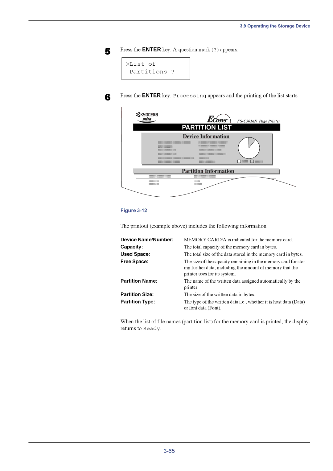 Kyocera FS-C5016N List of Partitions ?, Printout example above includes the following information, Device Name/Number 