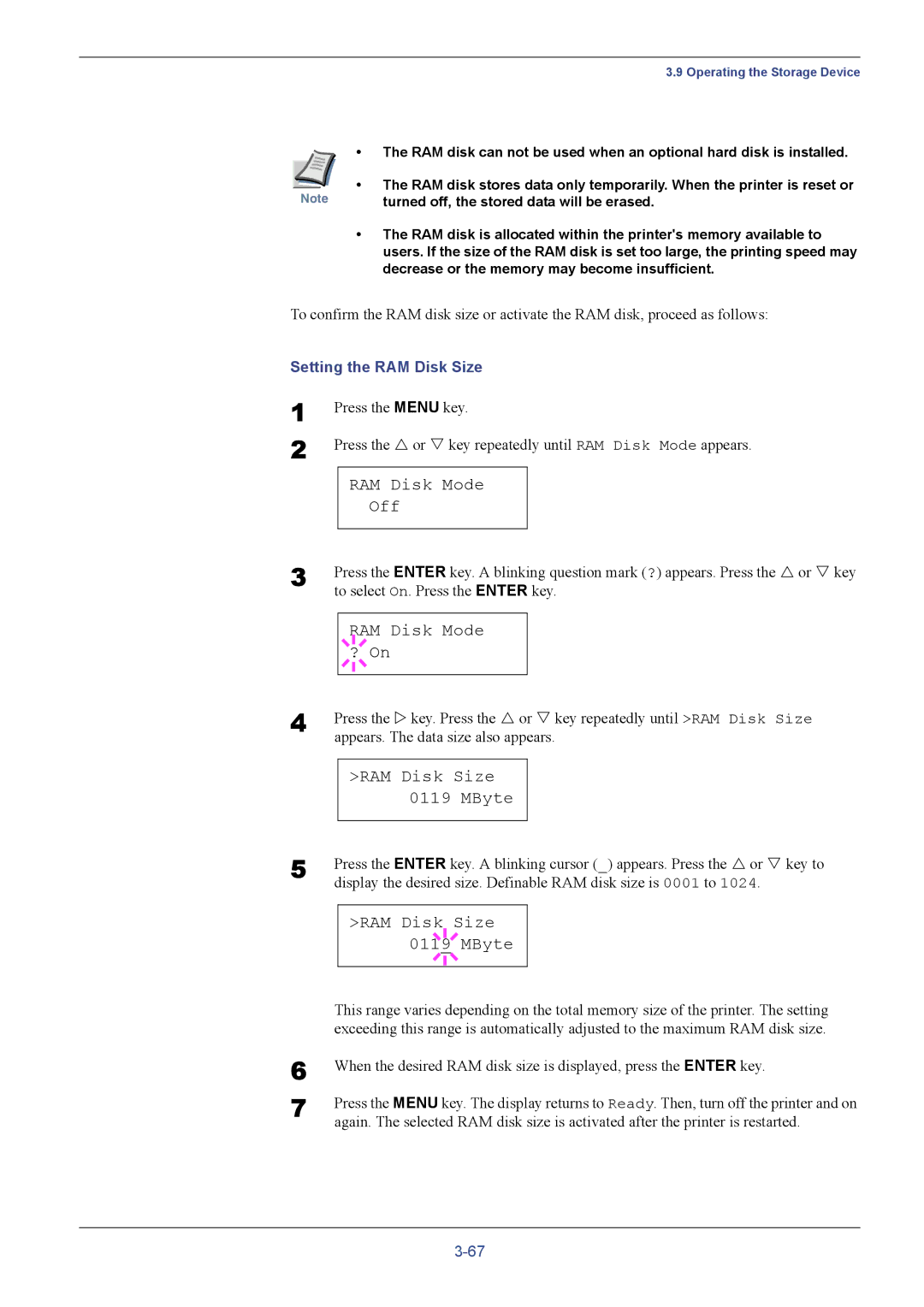 Kyocera FS-C5016N manual RAM Disk Mode Off, RAM Disk Mode ? On, RAM Disk Size MByte, Setting the RAM Disk Size 