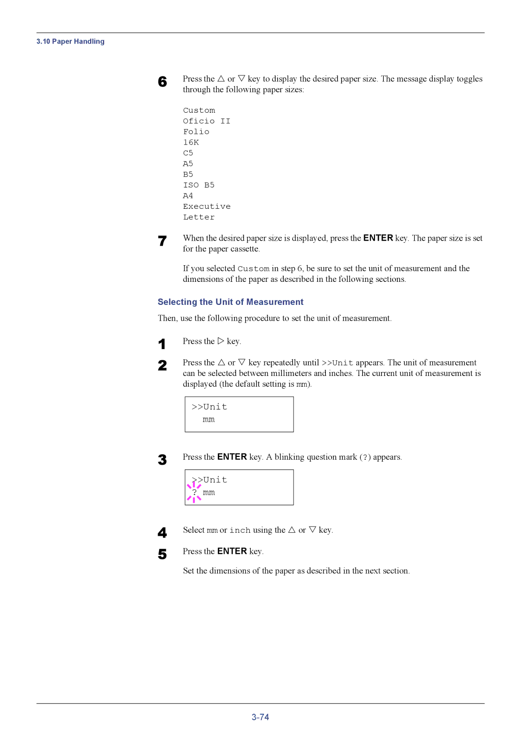 Kyocera FS-C5016N manual Unit mm, Unit ? mm, For the paper cassette, Selecting the Unit of Measurement 