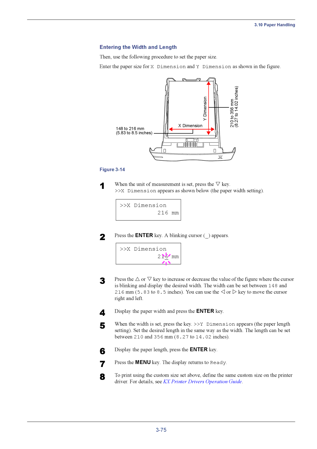 Kyocera FS-C5016N manual Dimension 216 mm, 21 6 mm, Entering the Width and Length 