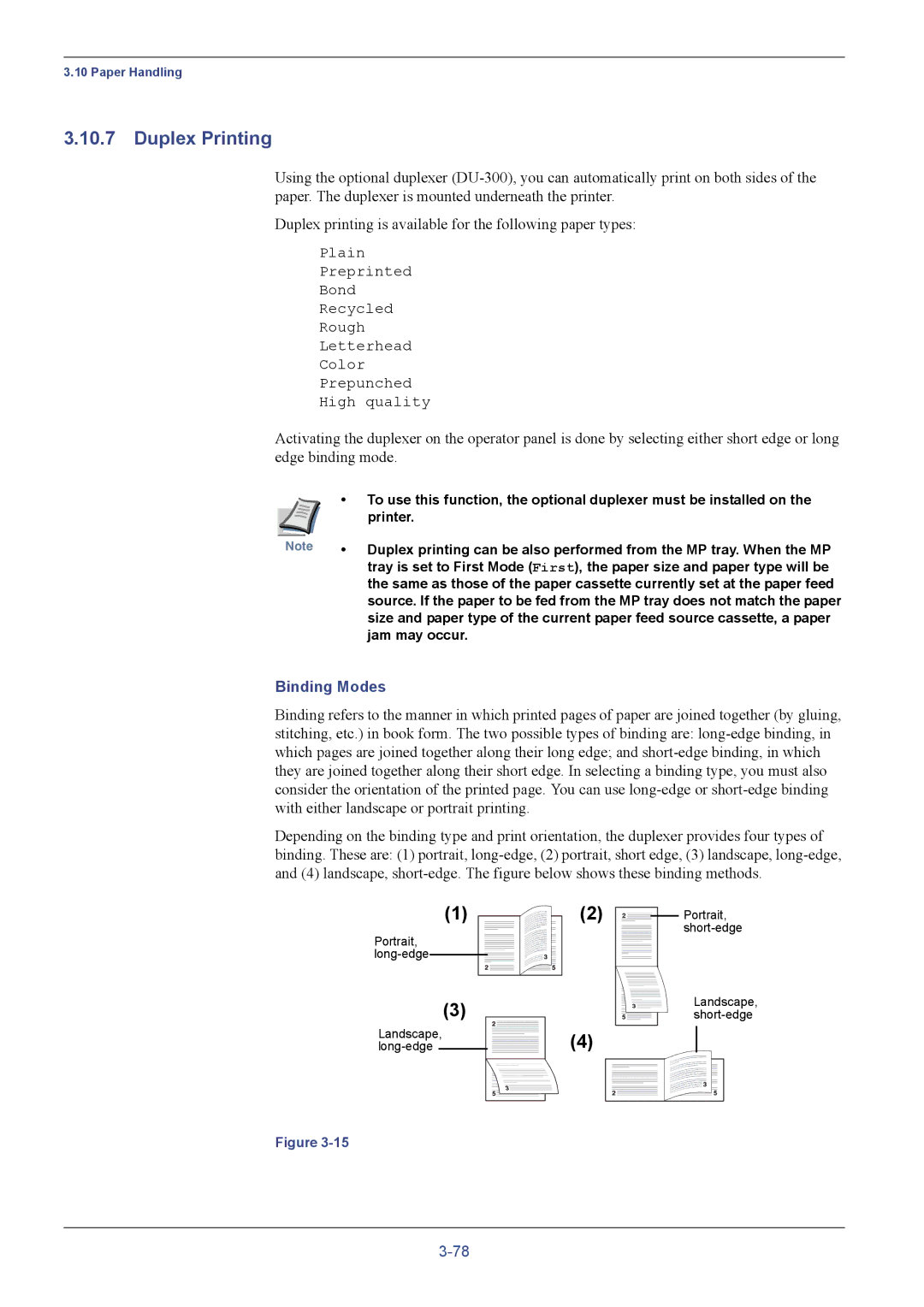 Kyocera FS-C5016N manual Duplex Printing, Binding Modes, Printer, Jam may occur 