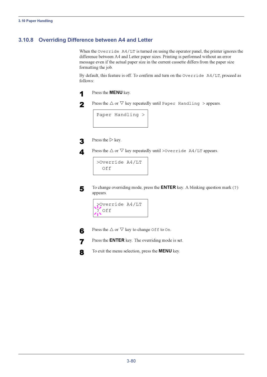 Kyocera FS-C5016N manual Overriding Difference between A4 and Letter, Override A4/LT Off, Override A4/LT ? Off 