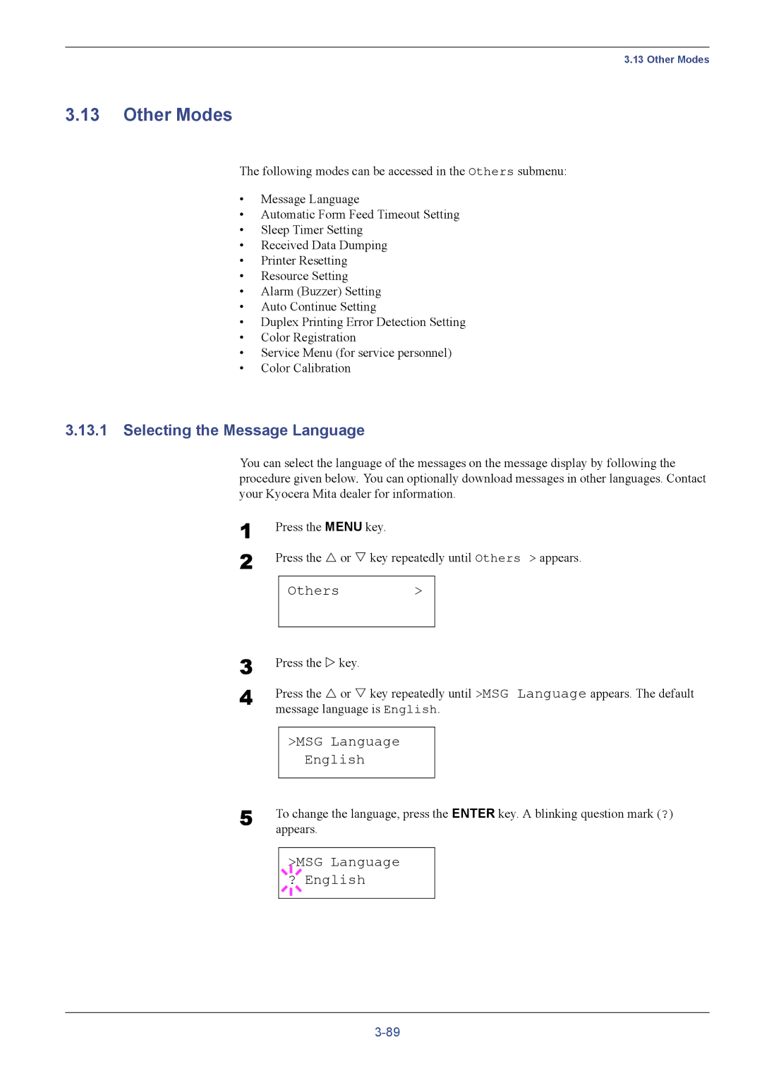 Kyocera FS-C5016N manual Other Modes, Selecting the Message Language, Others, MSG Language English, MSG Language ? English 