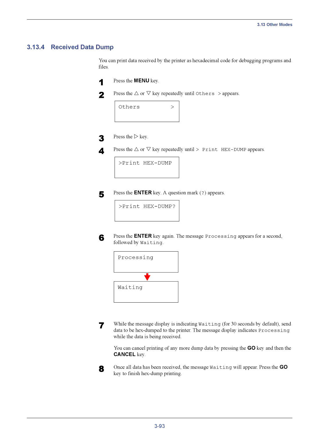 Kyocera FS-C5016N manual Received Data Dump, Print HEX-DUMP?, Processing Waiting 