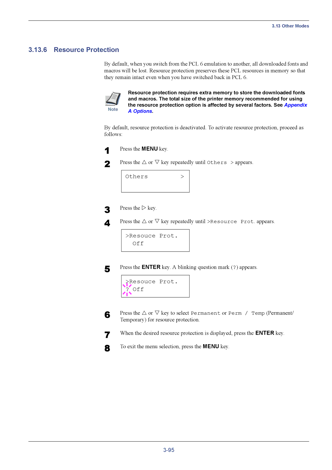 Kyocera FS-C5016N manual Resource Protection, Resouce Prot Off, Resouce Prot ? Off, Temporary for resource protection 