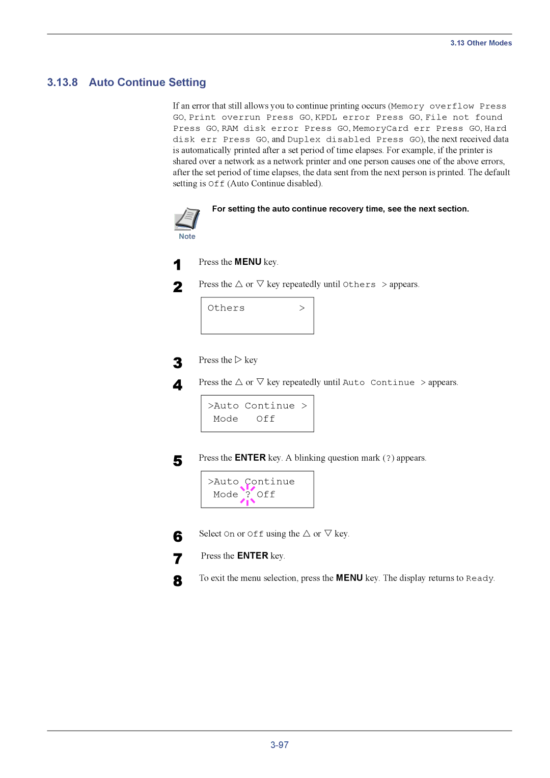 Kyocera FS-C5016N manual Auto Continue Setting, Auto Continue Mode Off, Auto Continue Mode ? Off 