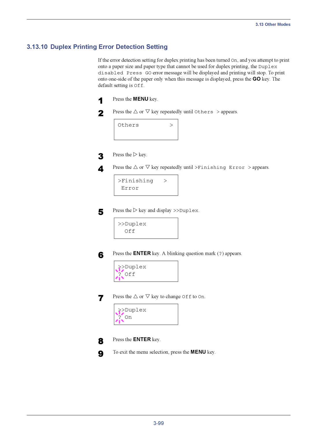 Kyocera FS-C5016N manual Duplex Printing Error Detection Setting, Finishing Error, Duplex Off, Duplex ? Off, Duplex ? On 