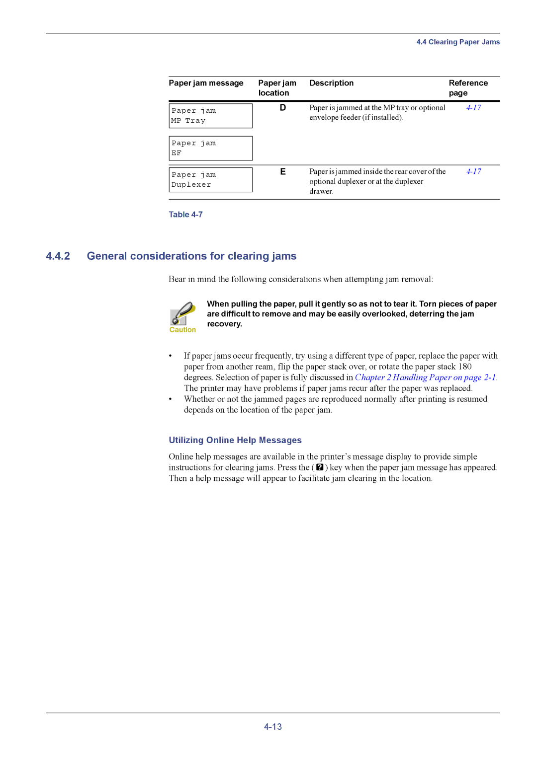 Kyocera FS-C5016N manual General considerations for clearing jams, Utilizing Online Help Messages 